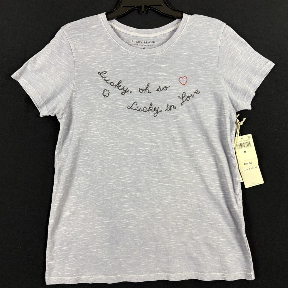 Lucky Brand T Shirt Womens Gray M Embroidered Script "Lucky, oh so lucky in Love